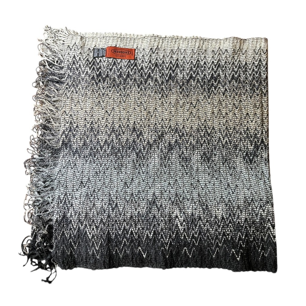 MISSONI Chevron Zig-Zag WOOL BLEND SCARF w/FRINGE Ombre Black Gray Beige 18x72"